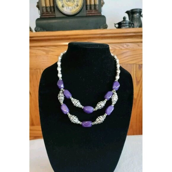 Avon Vintage Necklace Bold Amethyst Color Button Silver Cabochon Purple Jewelry - Picture 7 of 16